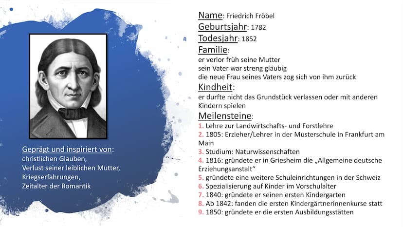 Fröbelpädagogik
1 ●
●
Gliederung
Entstehungsgeschichte
-Steckbrief
- Geschichte
-
Bild vom Kind
Grundannahmen / Ziele
- Grundannahme vom Kin