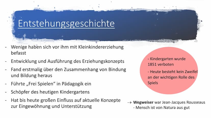 Fröbelpädagogik
1 ●
●
Gliederung
Entstehungsgeschichte
-Steckbrief
- Geschichte
-
Bild vom Kind
Grundannahmen / Ziele
- Grundannahme vom Kin