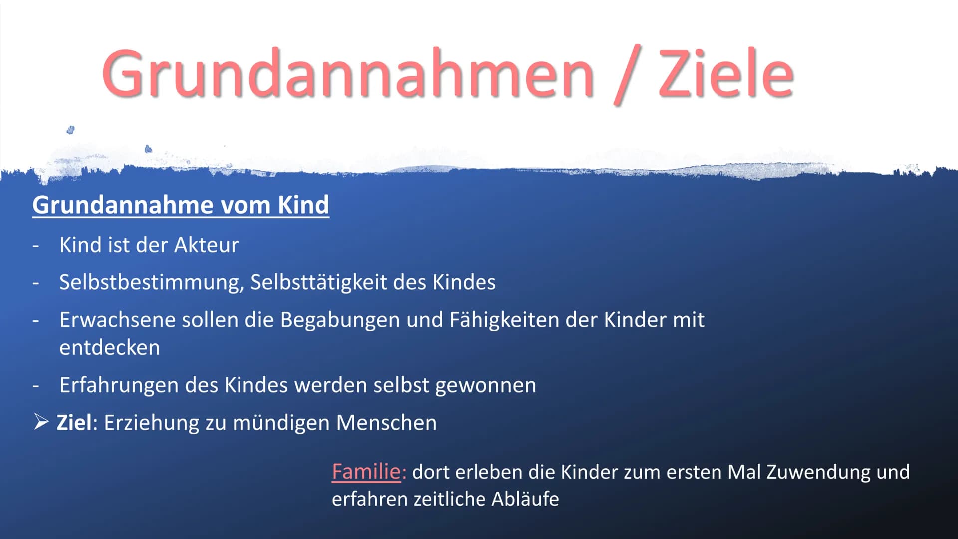 Fröbelpädagogik
1 ●
●
Gliederung
Entstehungsgeschichte
-Steckbrief
- Geschichte
-
Bild vom Kind
Grundannahmen / Ziele
- Grundannahme vom Kin