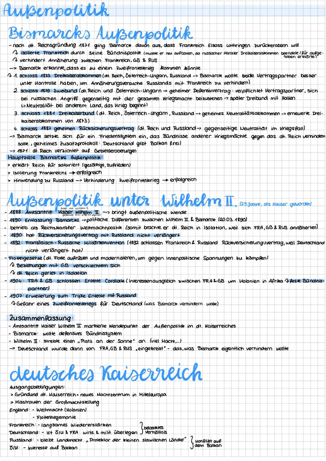 # Außenpolitik

## Bismarcks Außenpolitik
- nach olt. Reichsgründung 1871 ging Bismarck davon aus, dass Frankreich Elsass Lothringen zurücke