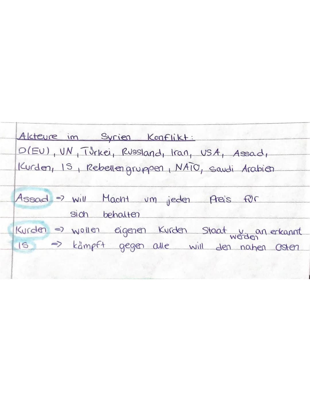 Akteure im
Syrien Konflikt:
D(EU), UN, Türkei, Russland, Iran, USA, Assad,
Kurden, IS, Rebellen gruppen, NATO, Saudi Arabien
Assad => will
s