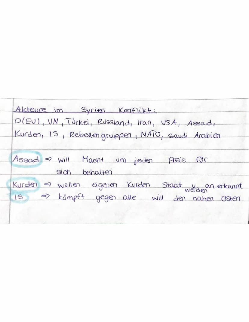 Akteure im
Syrien Konflikt:
D(EU), UN, Türkei, Russland, Iran, USA, Assad,
Kurden, IS, Rebellen gruppen, NATO, Saudi Arabien
Assad => will
s