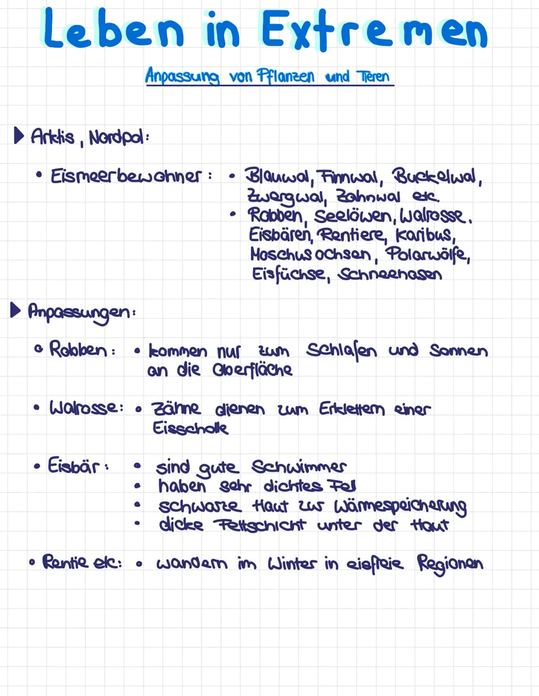 Leben in Extremen
Anpassung von Pflanzen und Tieren
Wüste
●
• Wüstenbewohner:
●
●
●
Anpassungen:
Wüstenpflanzen:
Anpassungen:
●
●
●
●
·
●
●
