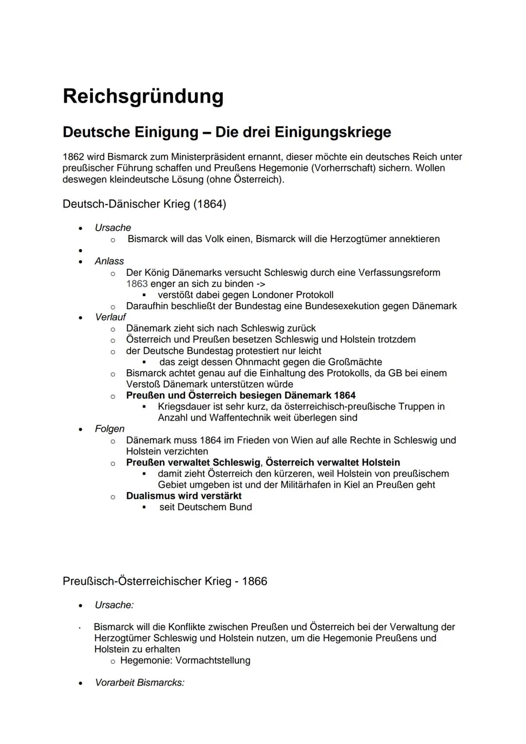 Reichsgründung
Deutsche Einigung - Die drei Einigungskriege
1862 wird Bismarck zum Ministerpräsident ernannt, dieser möchte ein deutsches Re