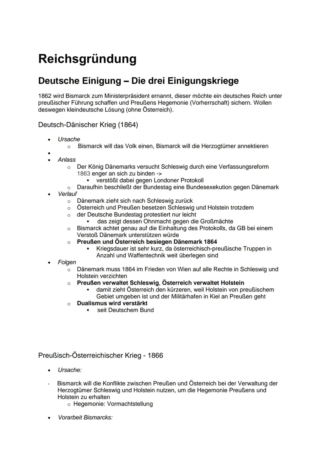 Reichsgründung
Deutsche Einigung - Die drei Einigungskriege
1862 wird Bismarck zum Ministerpräsident ernannt, dieser möchte ein deutsches Re