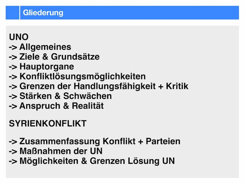 Gemeinschaftskunde J2.2
Internationale Politik
- klausurzusammenfassung - Gliederung
UNO
-> Allgemeines
-> Ziele & Grundsätze
-> Hauptorgane