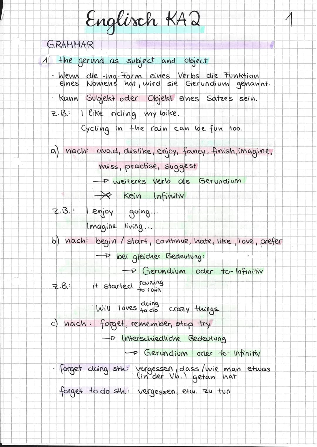 GRAMMAR
1. the gerund as subject and object
Wenn die -ing-Form eines Verbs die Funktion
eines Nomens hat, wird sie Gerundium genannt.
Kann S