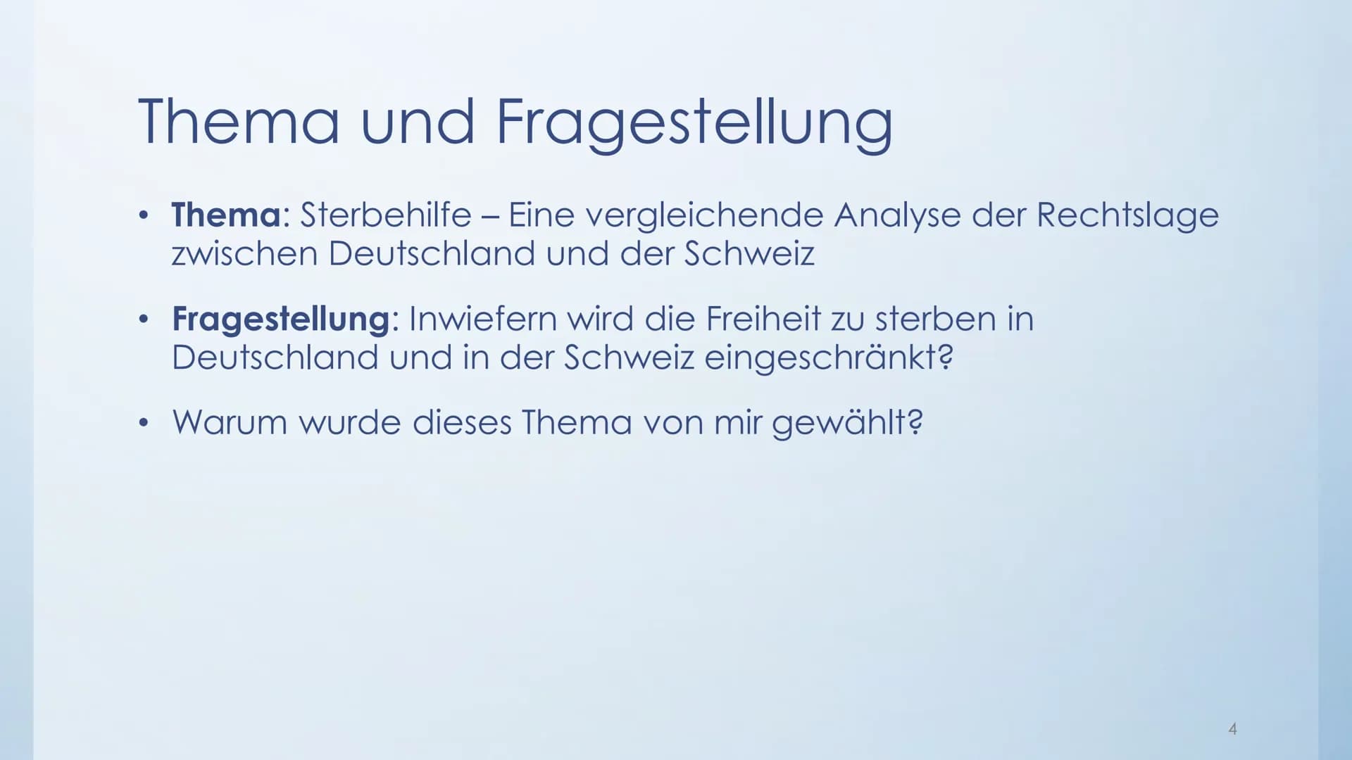 PER
Kolloquium
Seminararbeit - Sterbehilfe - Eine
vergleichende Analyse der Rechtslage
zwischen Deutschland und der Schweiz Gliederung
Thema