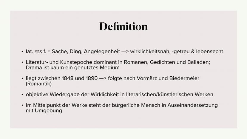 Die Epoche des
Realismus
Ästhetisierung des Wirklichen
(in Deutschland) ●
• Definition
Merkmale des Realismus
Einordnung in den historischen