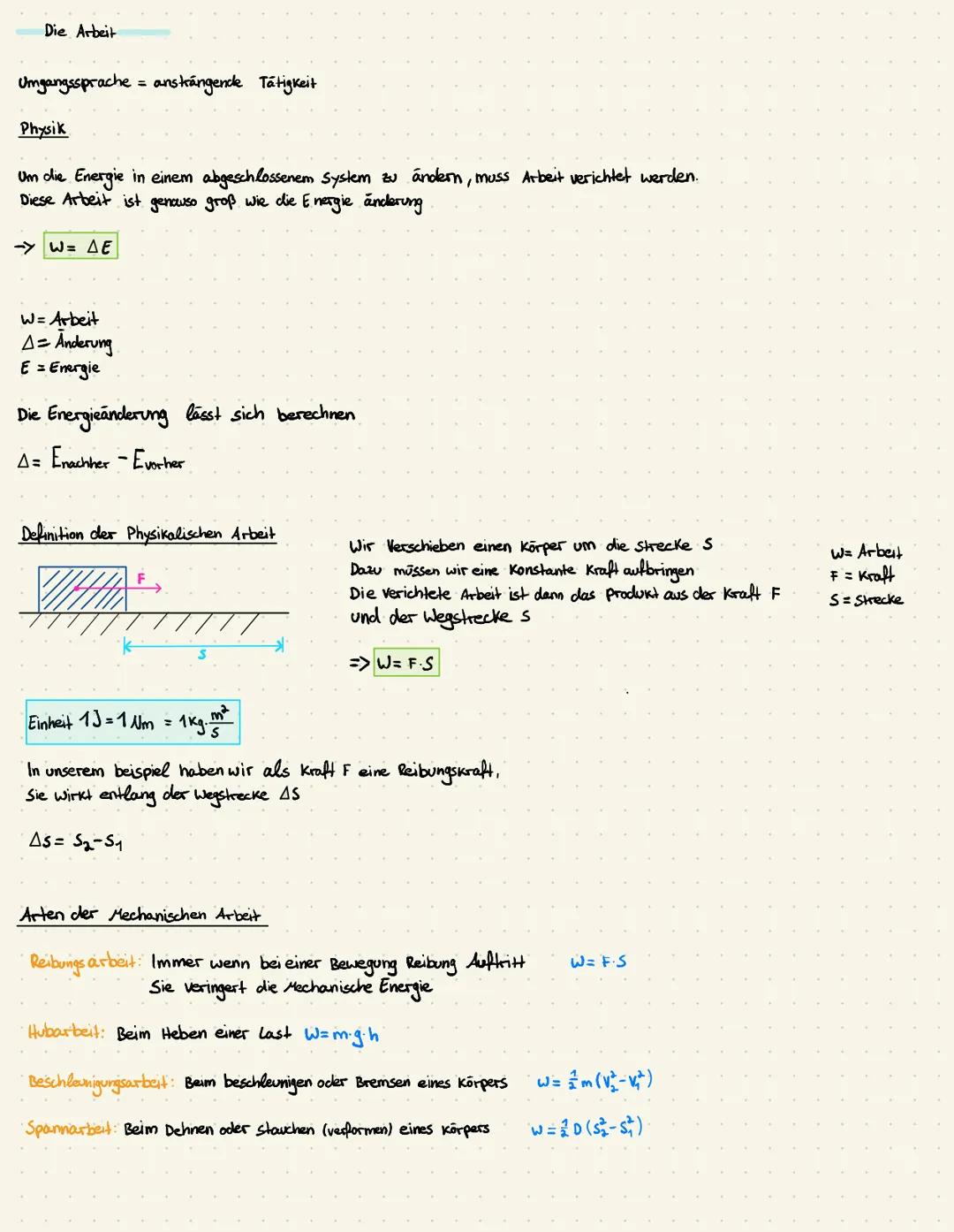 Die Arbeit
Umgangssprache = ansträngende Tätigkeit
Physik
Um die Energie in einem abgeschlossenem System zu ändern, muss Arbeit verichtet we