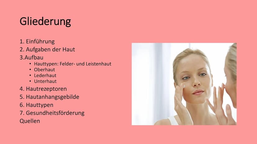 Die Haut
@schoolmuggle Gliederung
1. Einführung
2. Aufgaben der Haut
3. Aufbau
Hauttypen: Felder- und Leistenhaut
• Oberhaut
Lederhaut
Unter
