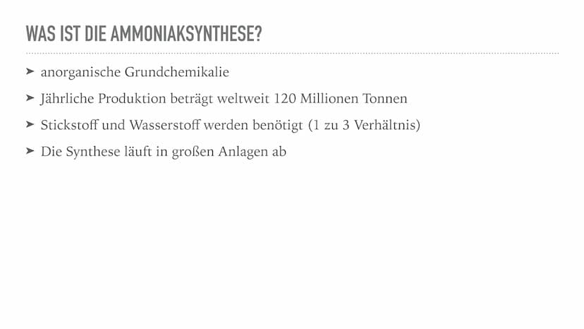 DIE AMMONIAKSYNTHESE
25.03.21 INHALTSVERZEICHNIS
Was ist die Ammoniaksynthese?
Das Haber-Bosch-Verfahren (Kreislauf)
➤ Bilder
Wo findet/verw