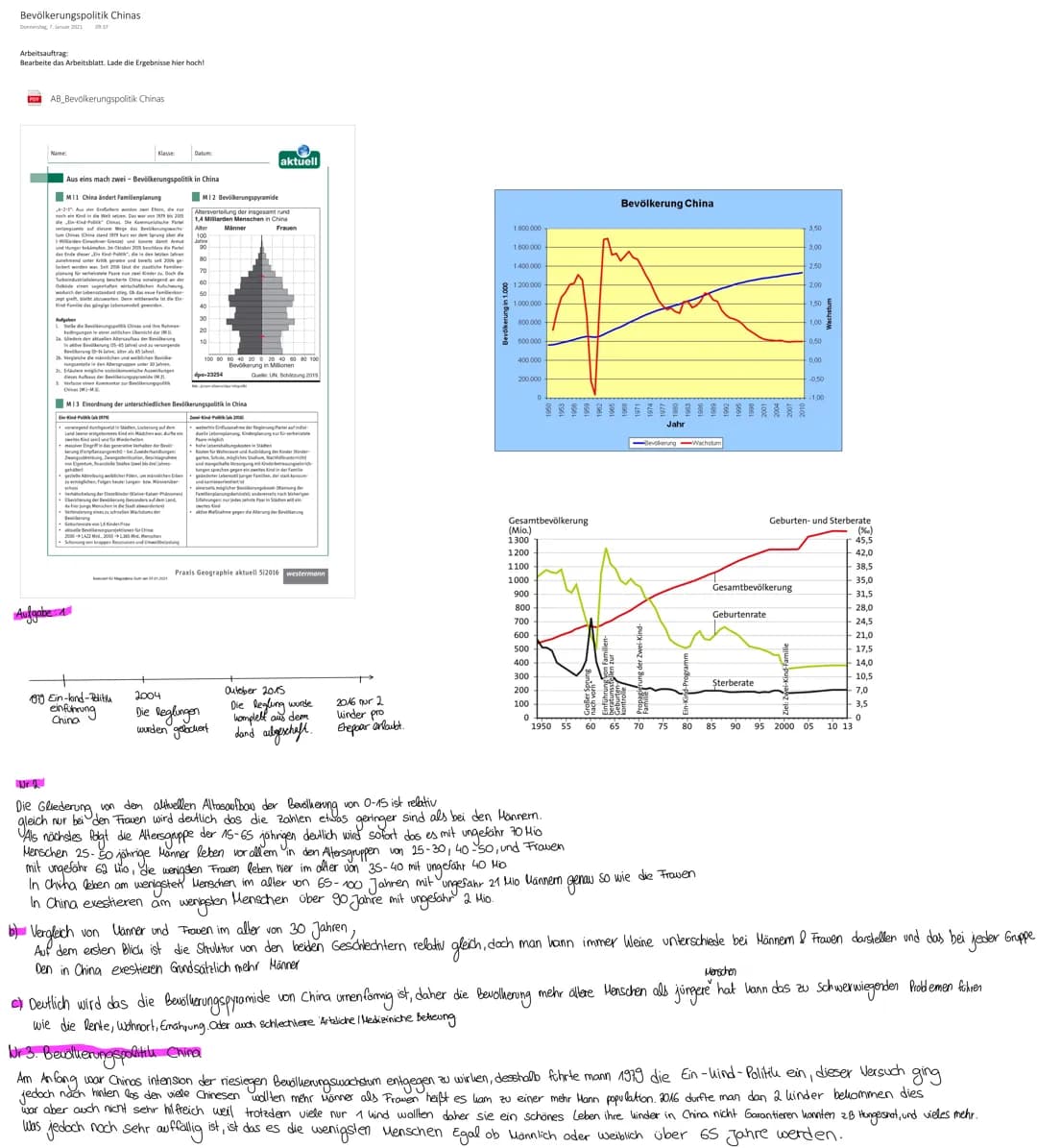 Bevölkerungspolitik Chinas
Donnerstag, 7. Januar 2021 0917
Arbeitsauftrag:
Bearbeite das Arbeitsblatt. Lade die Ergebnisse hier hoch!
Pod AB