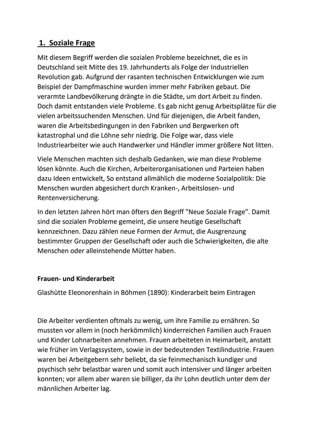 1. Soziale Frage
Mit diesem Begriff werden die sozialen Probleme bezeichnet, die es in
Deutschland seit Mitte des 19. Jahrhunderts als Folge