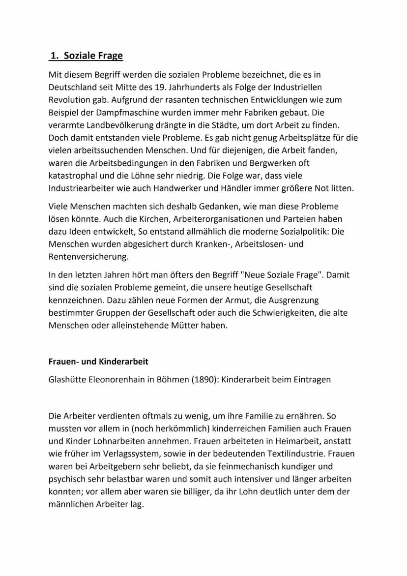 1. Soziale Frage
Mit diesem Begriff werden die sozialen Probleme bezeichnet, die es in
Deutschland seit Mitte des 19. Jahrhunderts als Folge