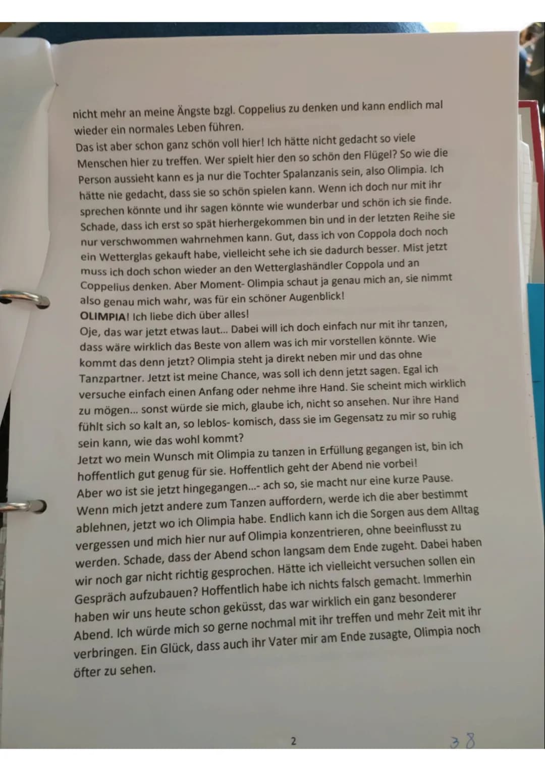 1.Das Verhaltensrepertoire Olimpias (Buch Seite 35, Zeile 24
bis Seite 38, Zeile 28) Aljosha 16.03.2020:
beobachtet
Nathanael lernt Olimpia 