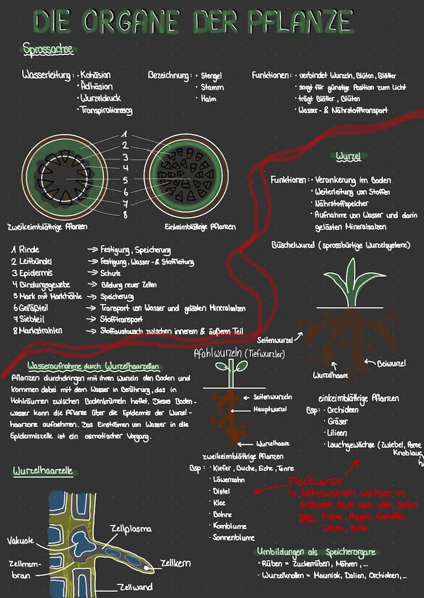  DIE ORGANE DER PFLANZE
Sprossachse
Wasserleitung: Kohäsion
•Adhäsion
• Wurzeldruck
•Transpirationssog
2.
Ol
6
Zweikeimblättrige Pflanzen
A 