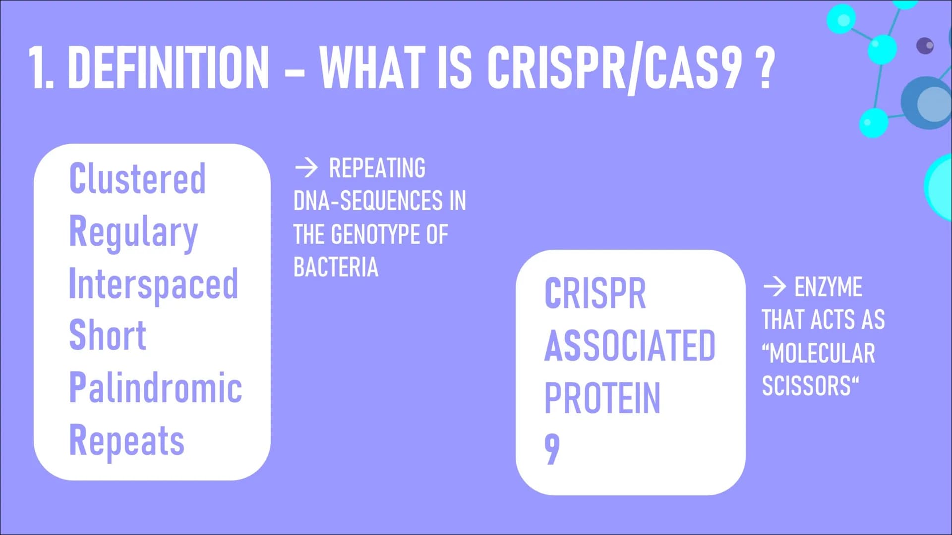 WITH
GENETIC
ENGENEERING
CRISPR/CAS9 WHAT IS A GENETIC
SCISSORS ? -1-
LIST OF CONTENTS
DEFINITION
WHAT IS
CRISPR / CAS9?
-2-
PROCEDURE
HOW D