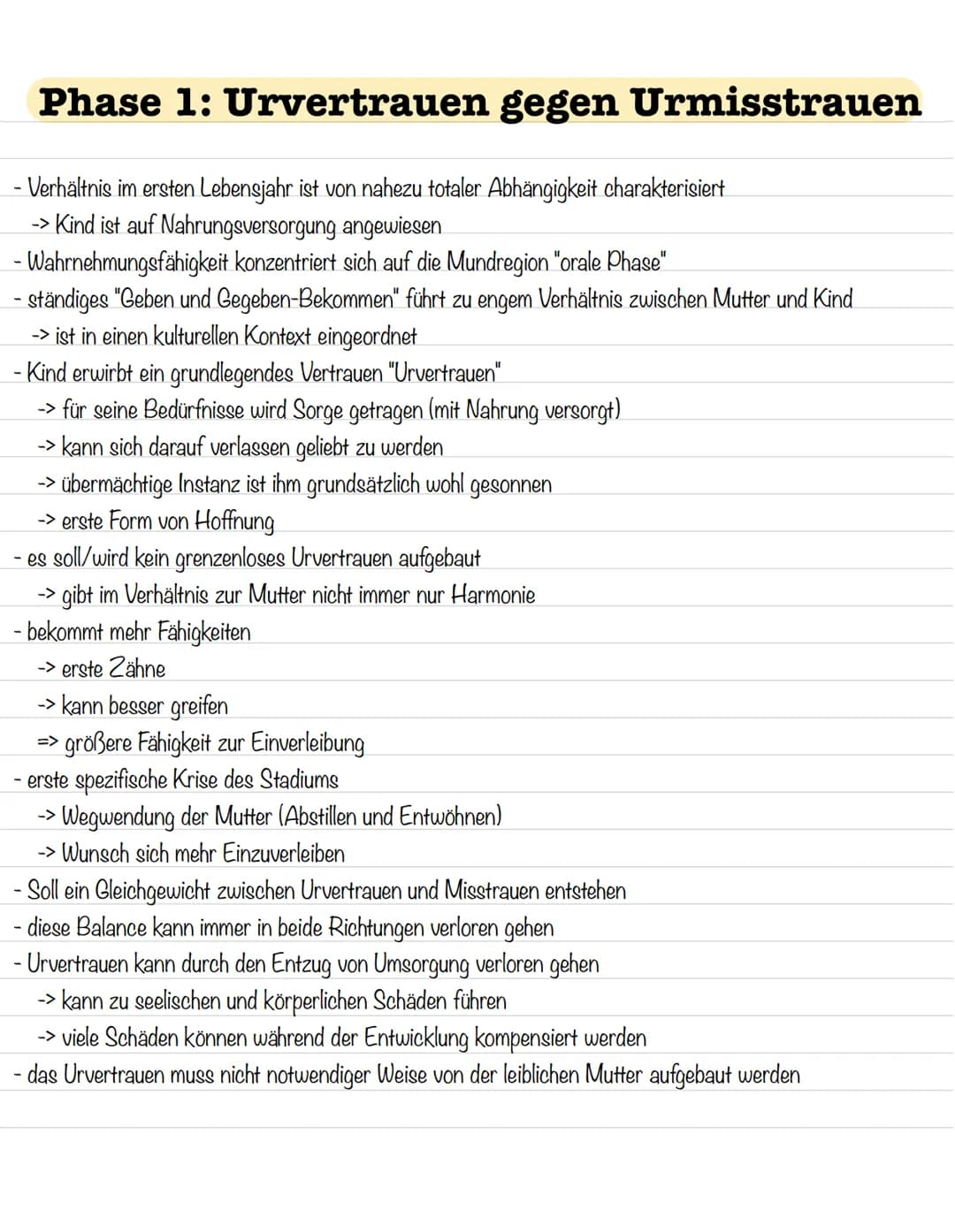 Phase 1: Urvertrauen gegen Urmisstrauen
- Verhältnis im ersten Lebensjahr ist von nahezu totaler Abhängigkeit charakterisiert
-> Kind ist au