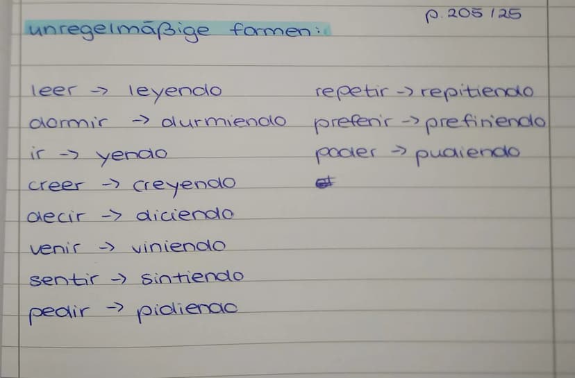 unregelmäßige formen:
leer → leyendo
dormir
ir - yendo
creer → creyendo
decir -> diciendo
venir
-> viniendo
→ durmiendo
sentir -> sintiendo
