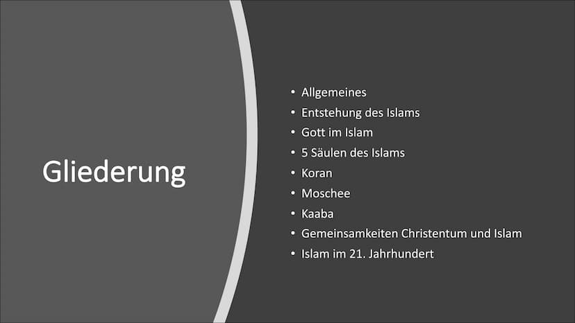 C
Der Islam Gliederung
Allgemeines
Entstehung des Islams
• Gott im Islam
• 5 Säulen des Islams
●
●
●
Koran
Moschee
• Kaaba
• Gemeinsamkeiten