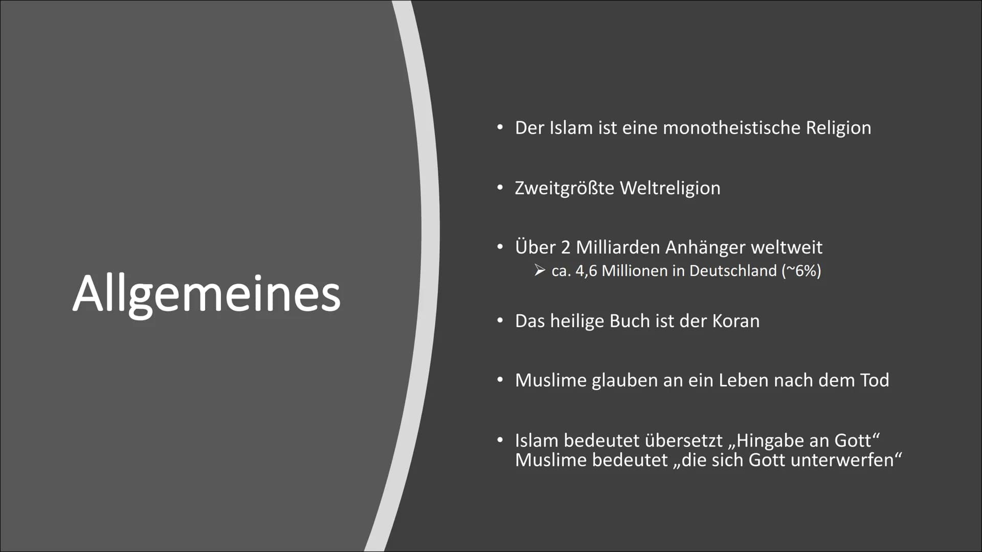 C
Der Islam Gliederung
Allgemeines
Entstehung des Islams
• Gott im Islam
• 5 Säulen des Islams
●
●
●
Koran
Moschee
• Kaaba
• Gemeinsamkeiten
