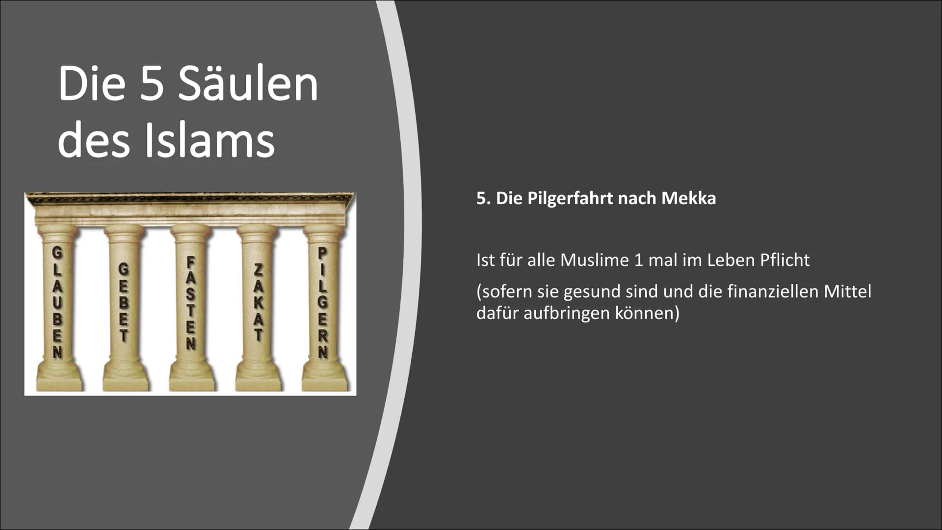 C
Der Islam Gliederung
Allgemeines
Entstehung des Islams
• Gott im Islam
• 5 Säulen des Islams
●
●
●
Koran
Moschee
• Kaaba
• Gemeinsamkeiten