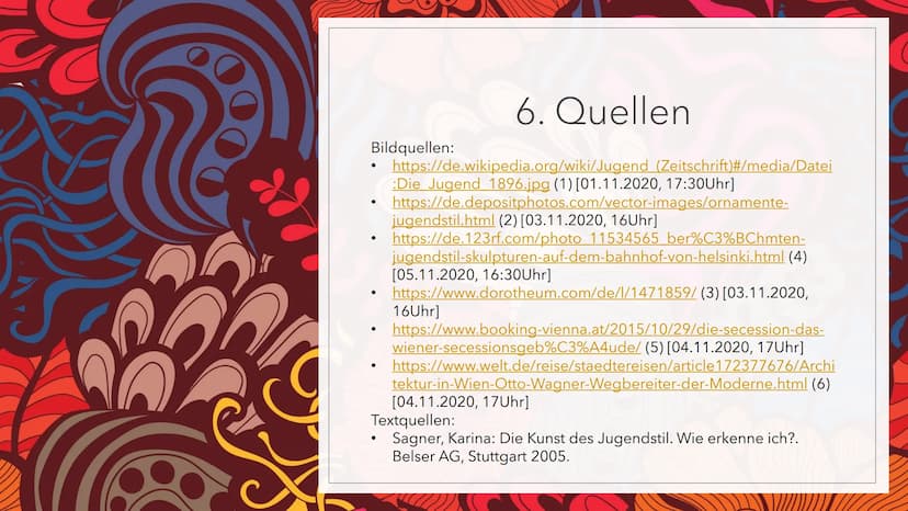 ತ
JUGENDSTIL
ಅ
Refifte F
Gliederung
1. Entstehung
2. Lebensreformbewegung
3. Allgemeine Merkmale
4. Architektur
5. Skulptur
6. Quellen JUGEN