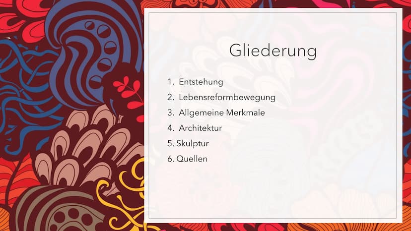 ತ
JUGENDSTIL
ಅ
Refifte F
Gliederung
1. Entstehung
2. Lebensreformbewegung
3. Allgemeine Merkmale
4. Architektur
5. Skulptur
6. Quellen JUGEN
