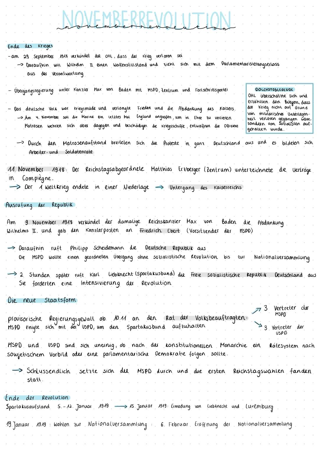# NOVEMBERREVOLUTION:

Ende des Krieges
- am 29 September 1918 verkündet die OHL, dass der Krieg verloren sei

→Daraufhin will Wilhelm II ei