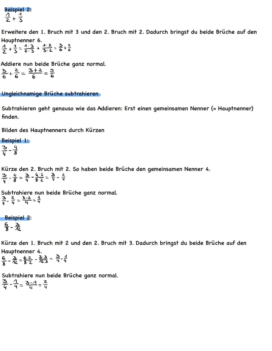 Bruchzahlen addieren und Subtrahieren
Gleichnamige Brüche addieren und subtrahieren
Du addierst Brüche mit gleichen Nennern, indem du nur ih