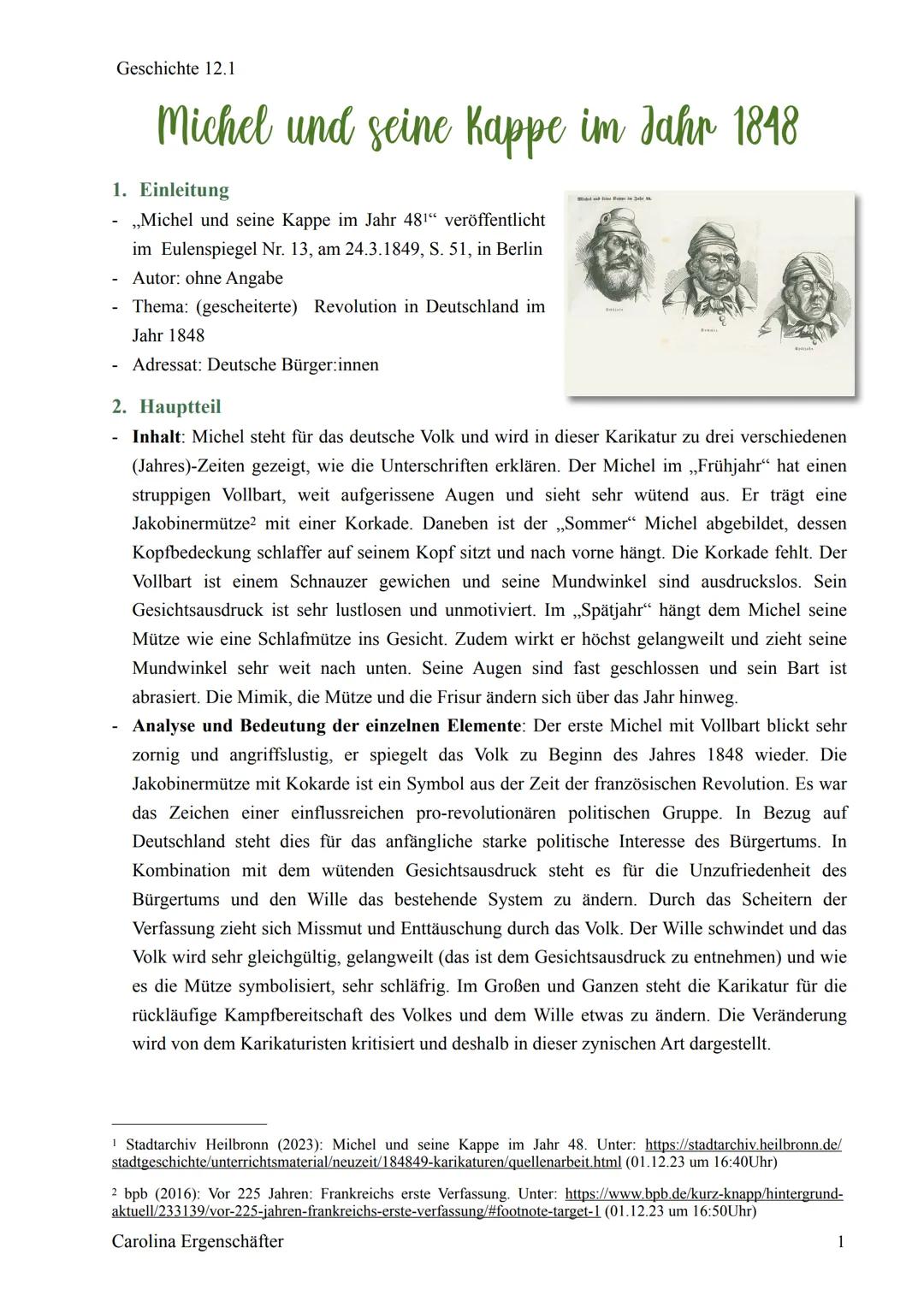 Geschichte 12.1
Michel und seine Kappe im Jahr 1848
1. Einleitung
- ,,Michel und seine Kappe im Jahr 481" veröffentlicht
im Eulenspiegel Nr.
