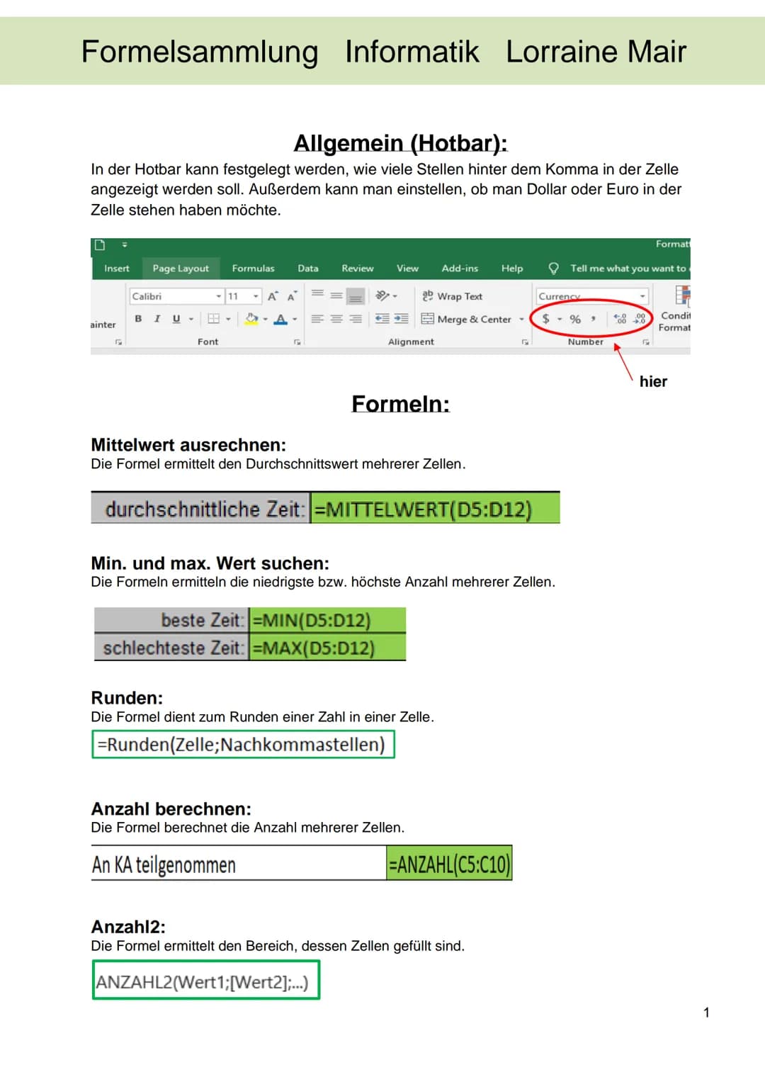 Formelsammlung Informatik Lorraine Mair
Allgemein (Hotbar):
In der Hotbar kann festgelegt werden, wie viele Stellen hinter dem Komma in der 