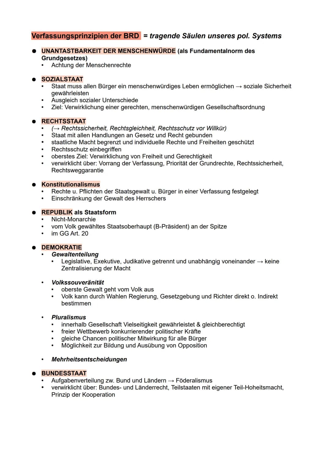 Verfassungsprinzipien
● UNANTASTBARKEIT DER MENSCHENWÜRDE (als Fundamentalnorm des
Grundgesetzes)
Achtung der Menschenrechte
● SOZIALSTAAT
S