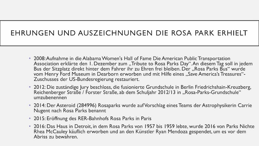 ROSA PARKS ●
Wer ist Rosa Parks
Die Kindheit und Jugend von Rosa Parks
• Was waren ihre Bürgerrechtsaktivitäten
●
Der Grund warum Rosa Parks