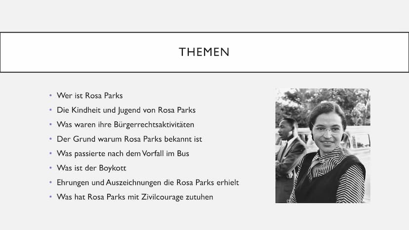 ROSA PARKS ●
Wer ist Rosa Parks
Die Kindheit und Jugend von Rosa Parks
• Was waren ihre Bürgerrechtsaktivitäten
●
Der Grund warum Rosa Parks