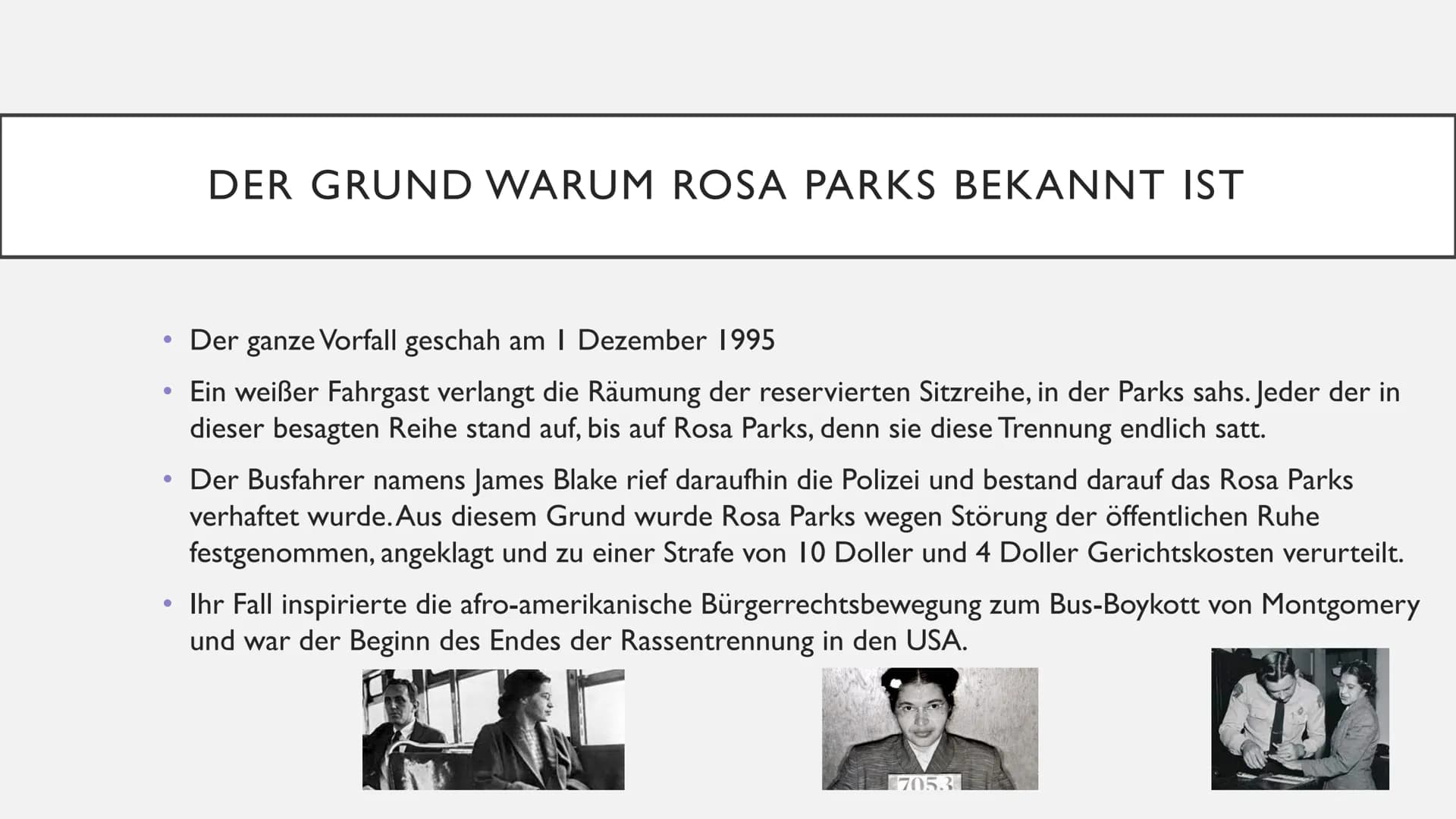 ROSA PARKS ●
Wer ist Rosa Parks
Die Kindheit und Jugend von Rosa Parks
• Was waren ihre Bürgerrechtsaktivitäten
●
Der Grund warum Rosa Parks