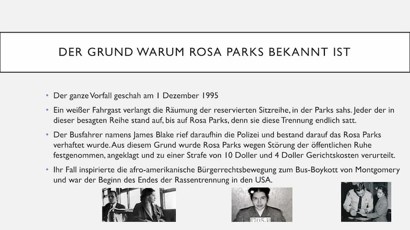 ROSA PARKS ●
Wer ist Rosa Parks
Die Kindheit und Jugend von Rosa Parks
• Was waren ihre Bürgerrechtsaktivitäten
●
Der Grund warum Rosa Parks