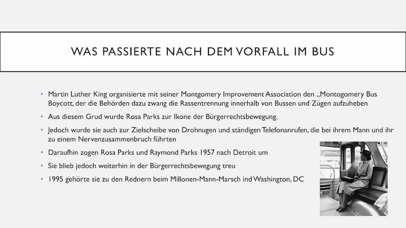 ROSA PARKS ●
Wer ist Rosa Parks
Die Kindheit und Jugend von Rosa Parks
• Was waren ihre Bürgerrechtsaktivitäten
●
Der Grund warum Rosa Parks