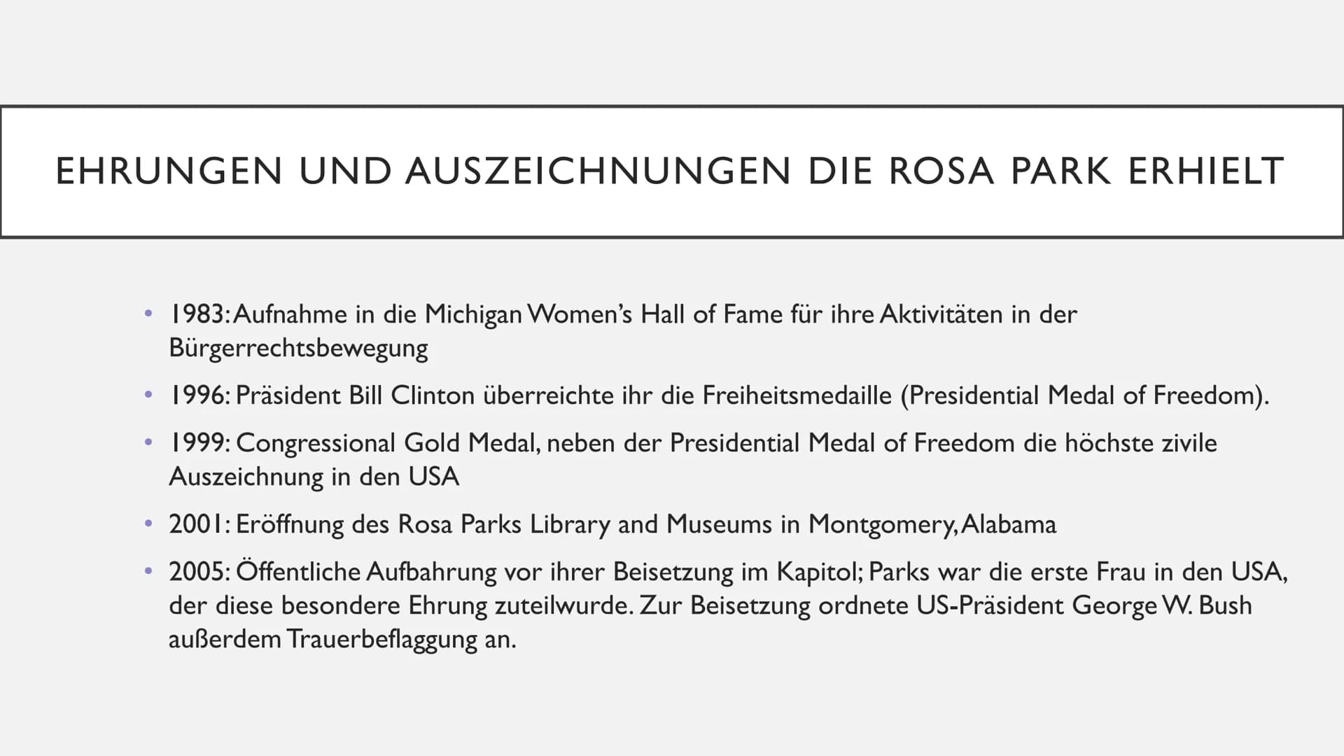 ROSA PARKS ●
Wer ist Rosa Parks
Die Kindheit und Jugend von Rosa Parks
• Was waren ihre Bürgerrechtsaktivitäten
●
Der Grund warum Rosa Parks