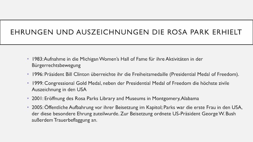 ROSA PARKS ●
Wer ist Rosa Parks
Die Kindheit und Jugend von Rosa Parks
• Was waren ihre Bürgerrechtsaktivitäten
●
Der Grund warum Rosa Parks