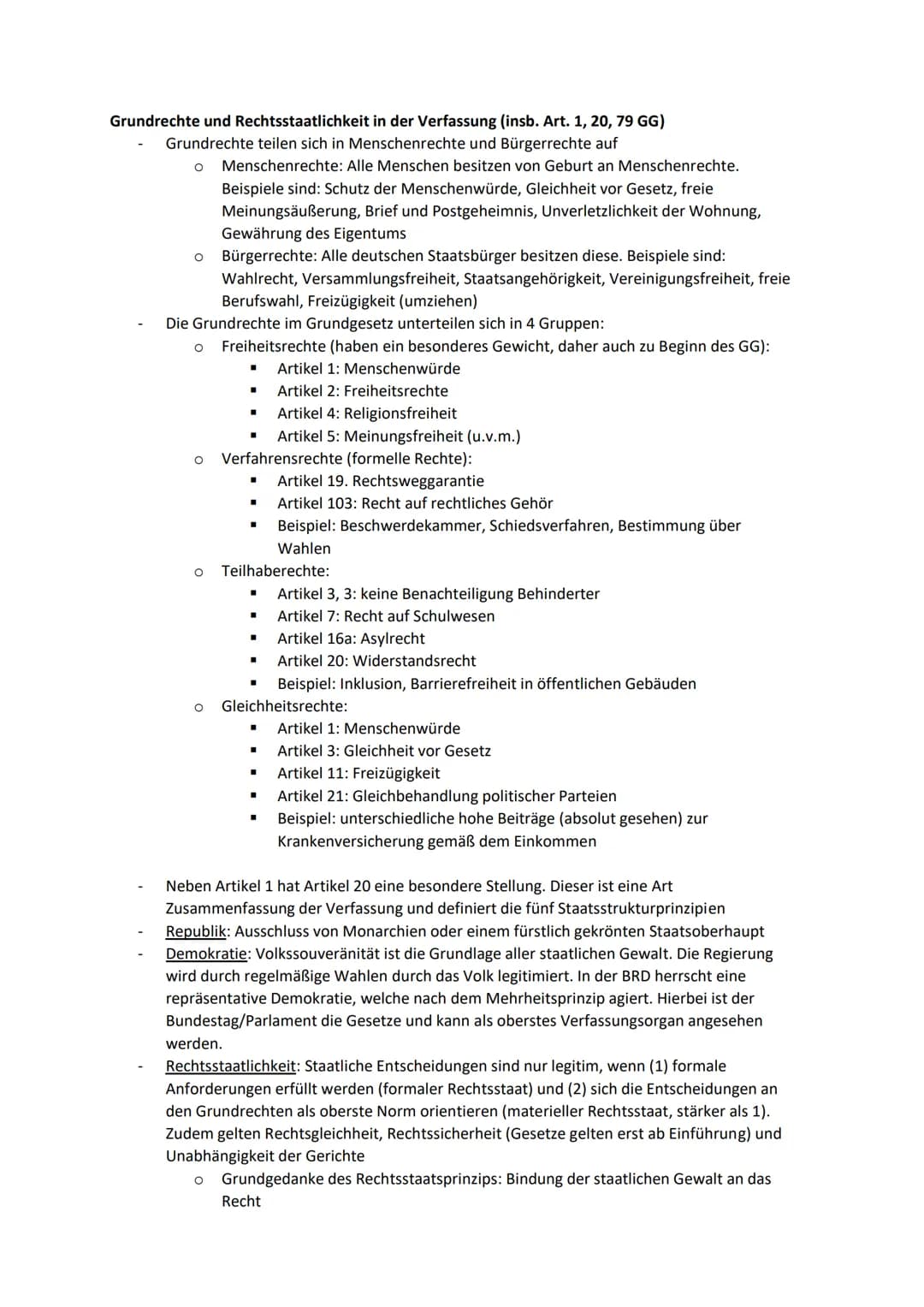 Grundrechte und Rechtsstaatlichkeit in der Verfassung (insb. Art. 1, 20, 79 GG)
Grundrechte teilen sich in Menschenrechte und Bürgerrechte a