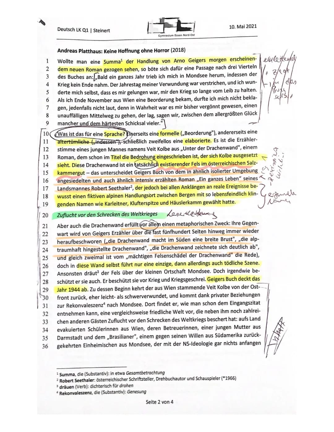 Aufgabenstellung:
Analysieren Sie die Rezension ,,Keine Hoffnung ohne Horror" von Andreas
Platthaus im Hinblick auf die Bewertung des Romans