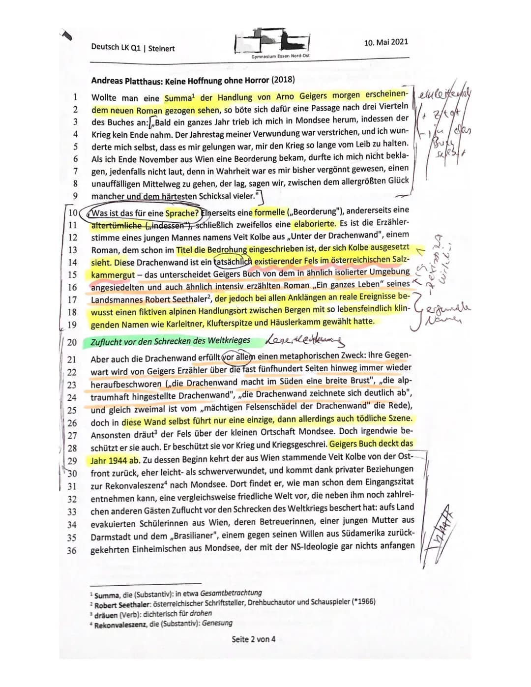 Aufgabenstellung:
Analysieren Sie die Rezension ,,Keine Hoffnung ohne Horror" von Andreas
Platthaus im Hinblick auf die Bewertung des Romans