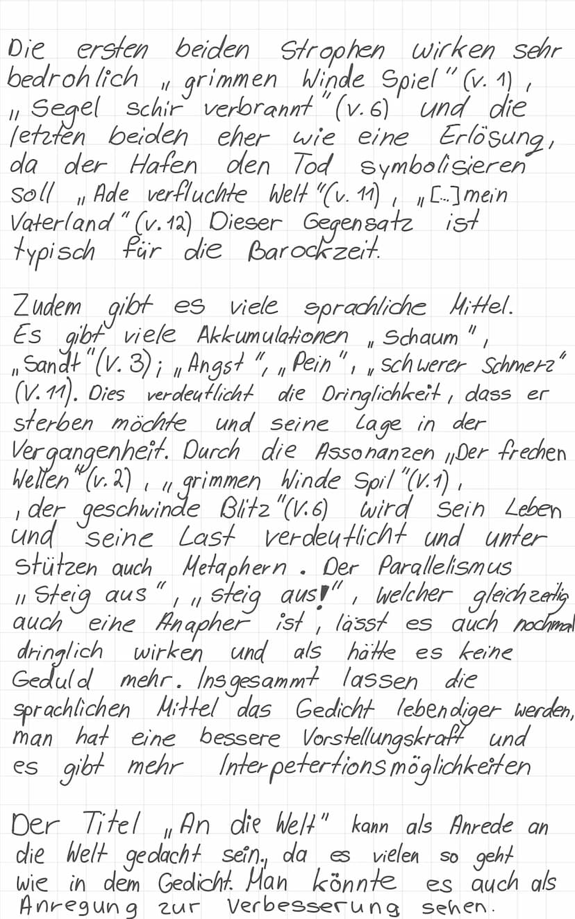 Gedichtsanalyse Gryphius
An die Welt
11
In dem Gedicht An die Welt",
welches von Andreas Gryphius
1650 veröffentlicht wurde, geht
es um eine