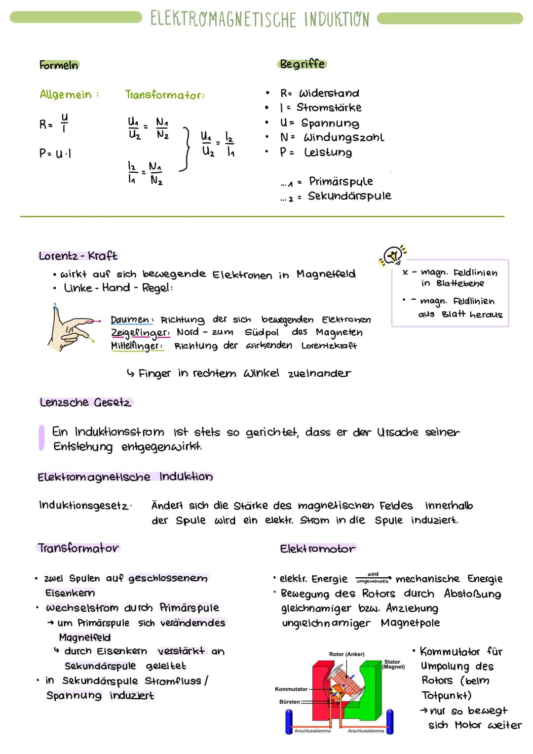 Formeln
Allgemein:
31-
R= 4
P= U·I
.
Transformator:
U₁
ELEKTROMAGNETISCHE INDUKTION
Lenzsche Gesetz
Transformator
N₁
N₂2
12 N₁
1₁ N₂
3133
}
