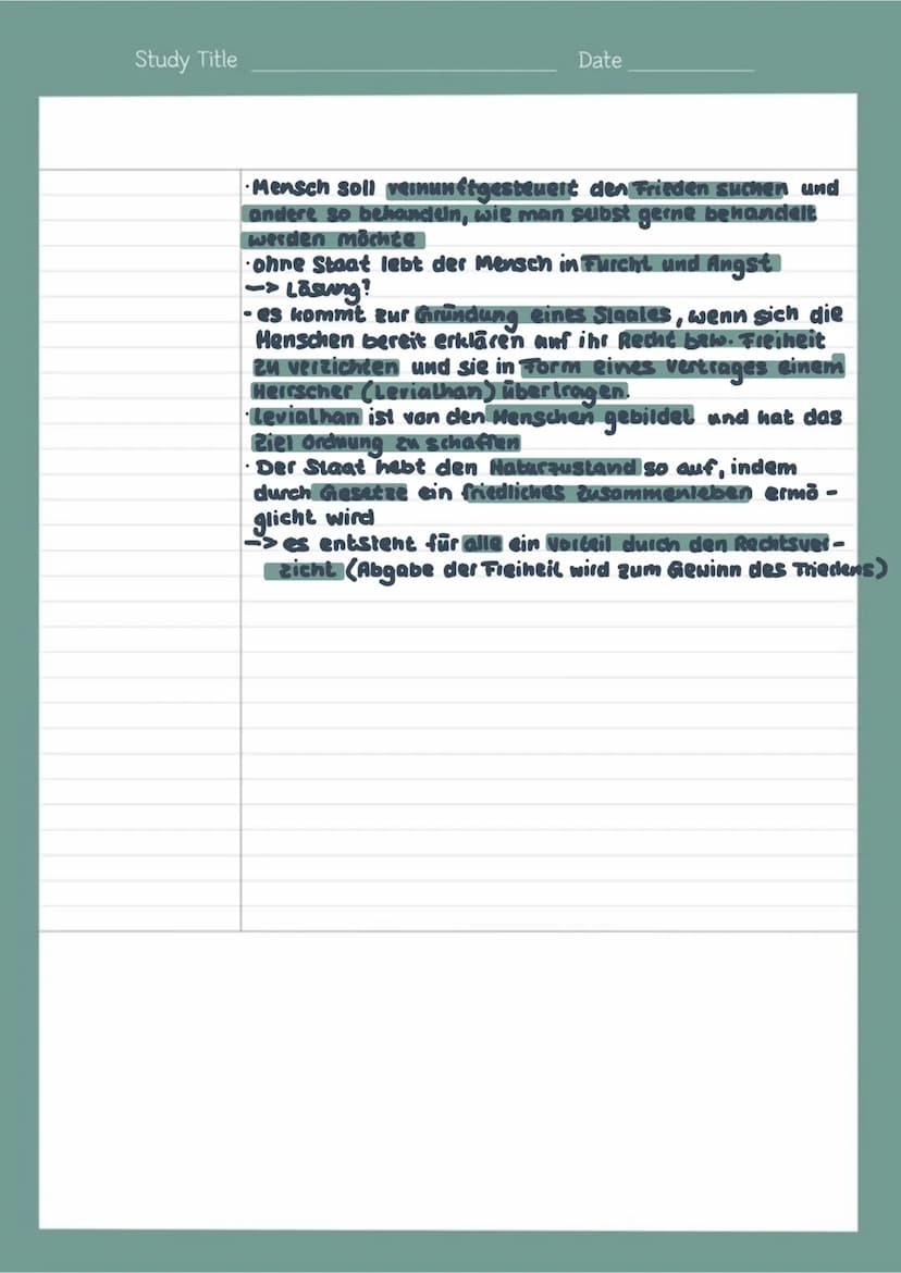 Study Title Staatstheorie: Hobbes
Naturzustand
Grund des
Staatslebens
Naturzustand
wird verlassen
Gesellschafts-
vertrag
Date 20.09.21
THOMA