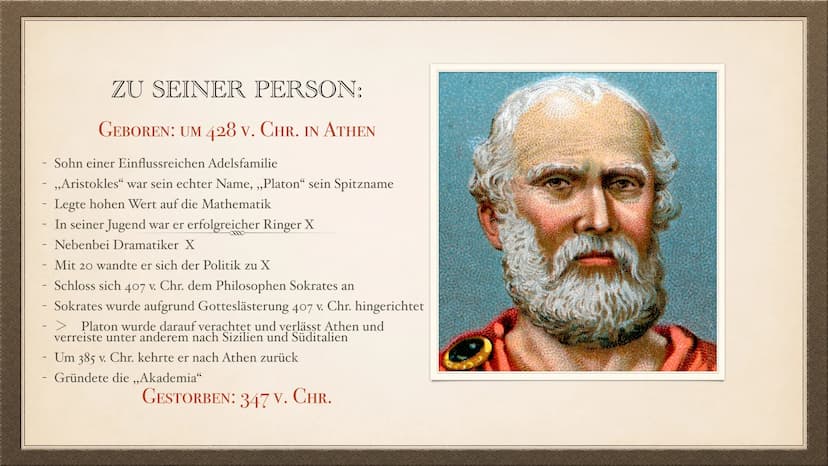 PLATONS
ERKENNTNISTHEORIE
EIN REFERAT VON LEONIE UND NURA ZU SEINER PERSON:
GEBOREN: UM 428 V. CHR. IN ATHEN
Sohn einer Einflussreichen Adel