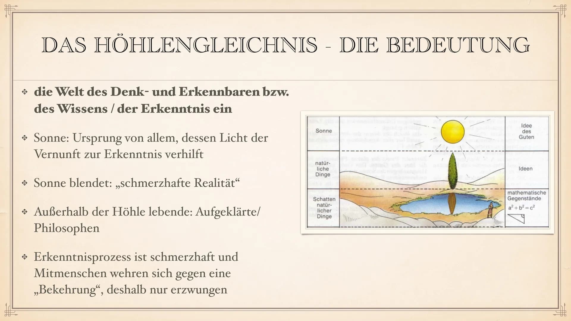 PLATONS
ERKENNTNISTHEORIE
EIN REFERAT VON LEONIE UND NURA ZU SEINER PERSON:
GEBOREN: UM 428 V. CHR. IN ATHEN
Sohn einer Einflussreichen Adel