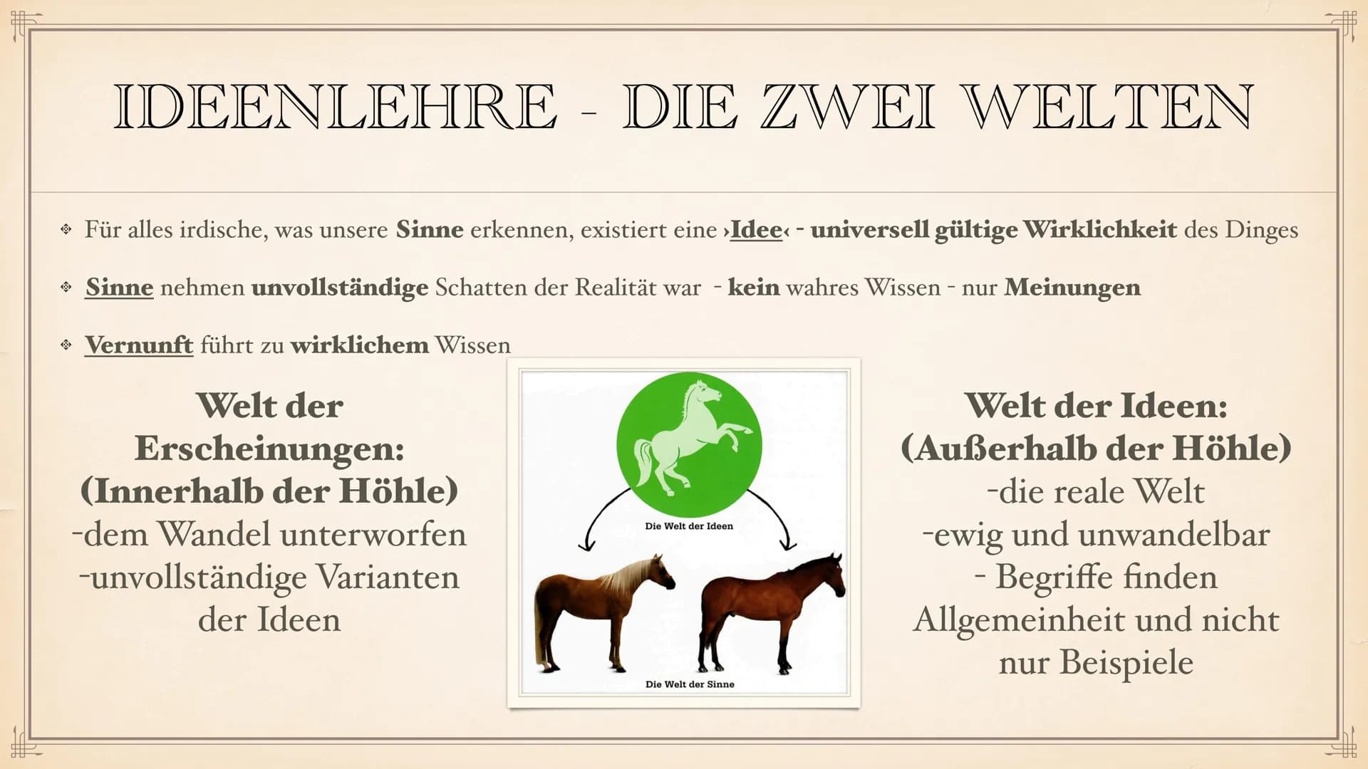 PLATONS
ERKENNTNISTHEORIE
EIN REFERAT VON LEONIE UND NURA ZU SEINER PERSON:
GEBOREN: UM 428 V. CHR. IN ATHEN
Sohn einer Einflussreichen Adel